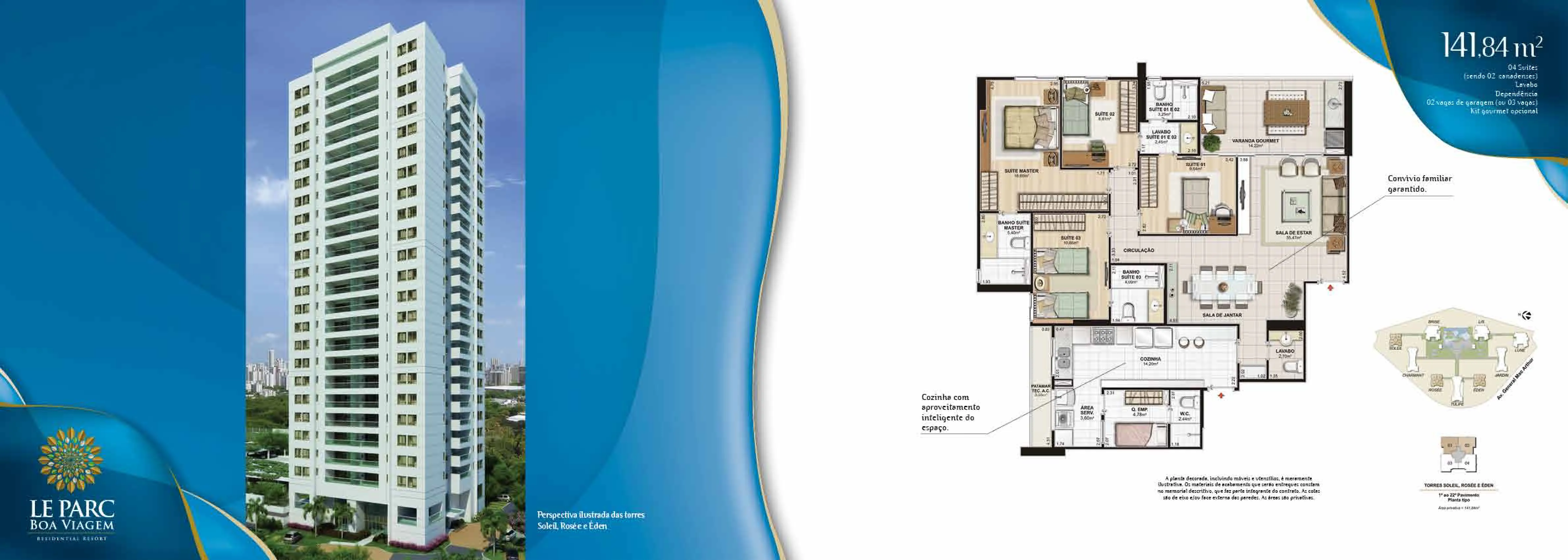 Le Parc Boa Viagem — planta tipo do apartamento de 141,84 m², torres Soleil, Rosée e Éden