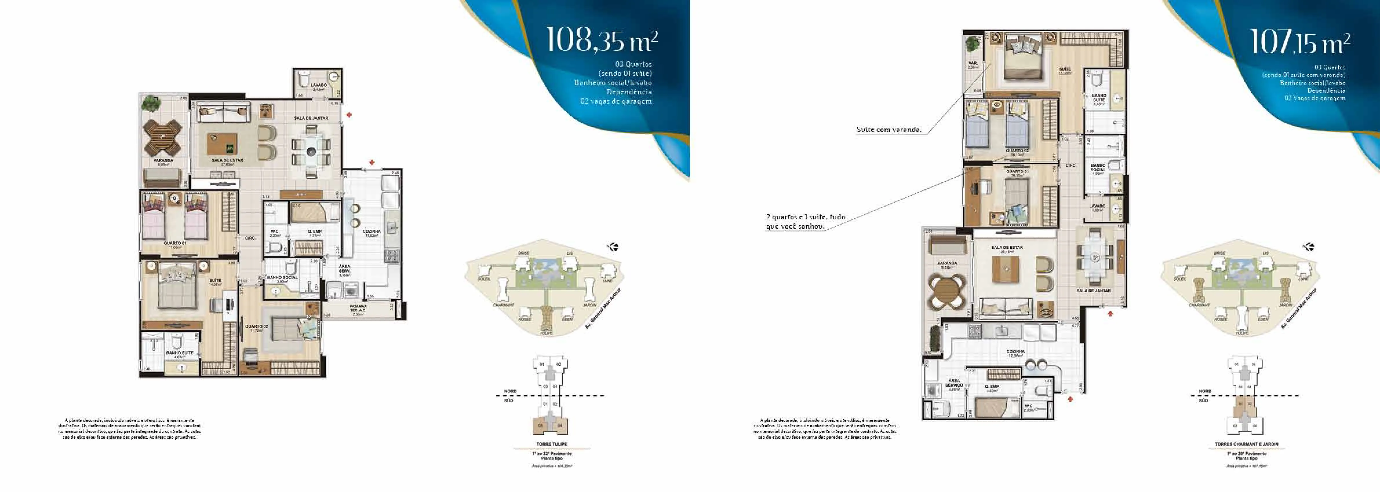 Le Parc Boa Viagem — plantas tipo dos apartamentos de 108,35 m² e 107,15 m²